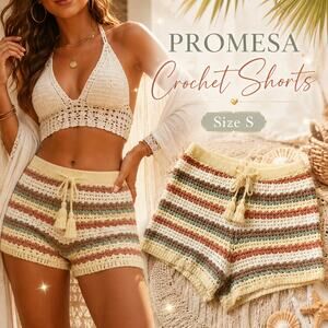 Promesa Crochet Striped Shorts Size S NWT Boho Beach Resort Lined Tassel
